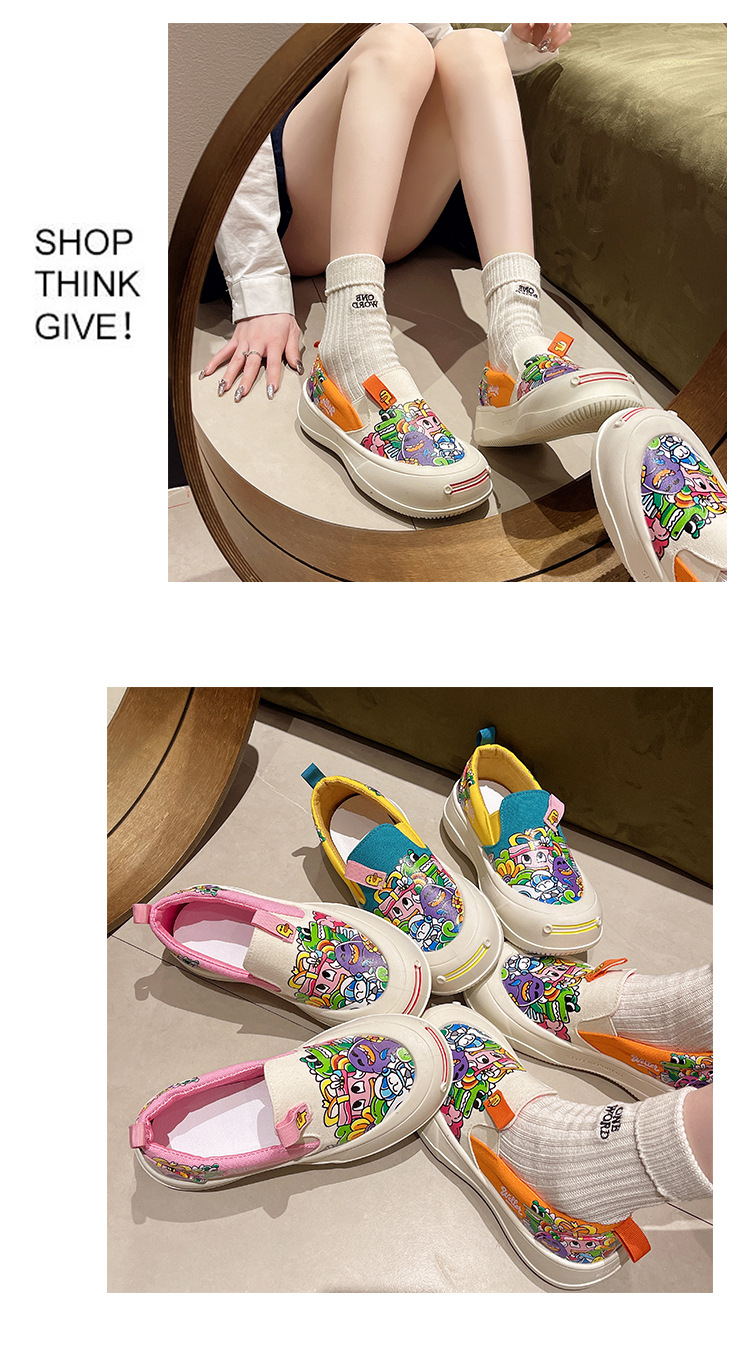 可爱卡通懒人一脚蹬厚底透气帆布鞋女涂鸦2024春秋新款休闲鞋批发详情12