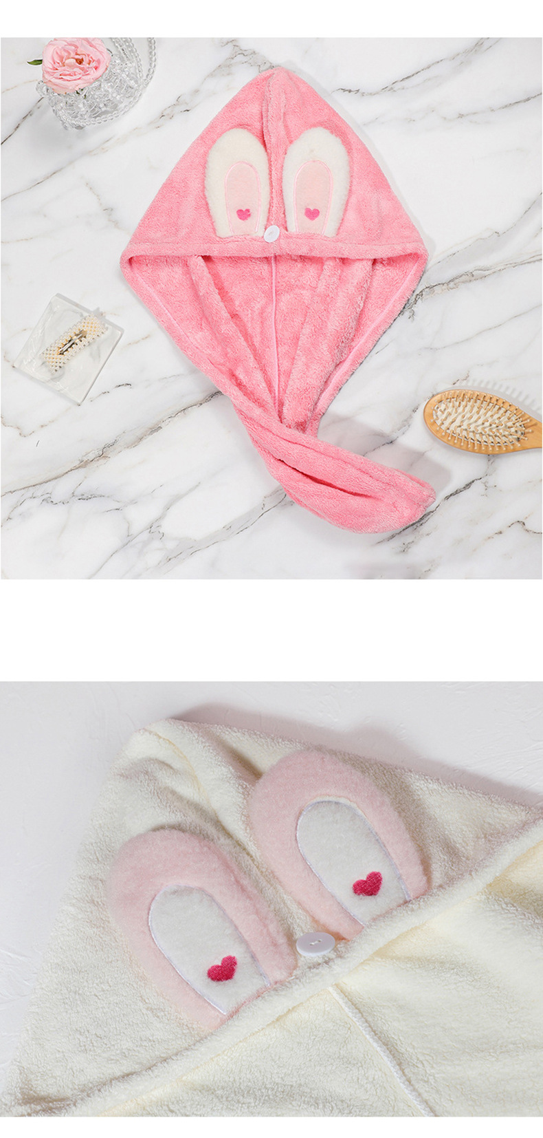 The pink and white rabbit-ear water-absorbing quick-drying shower cap, dry hair cap, warm and cold-preventing shower cap, which is beloved by countless girls pic 3