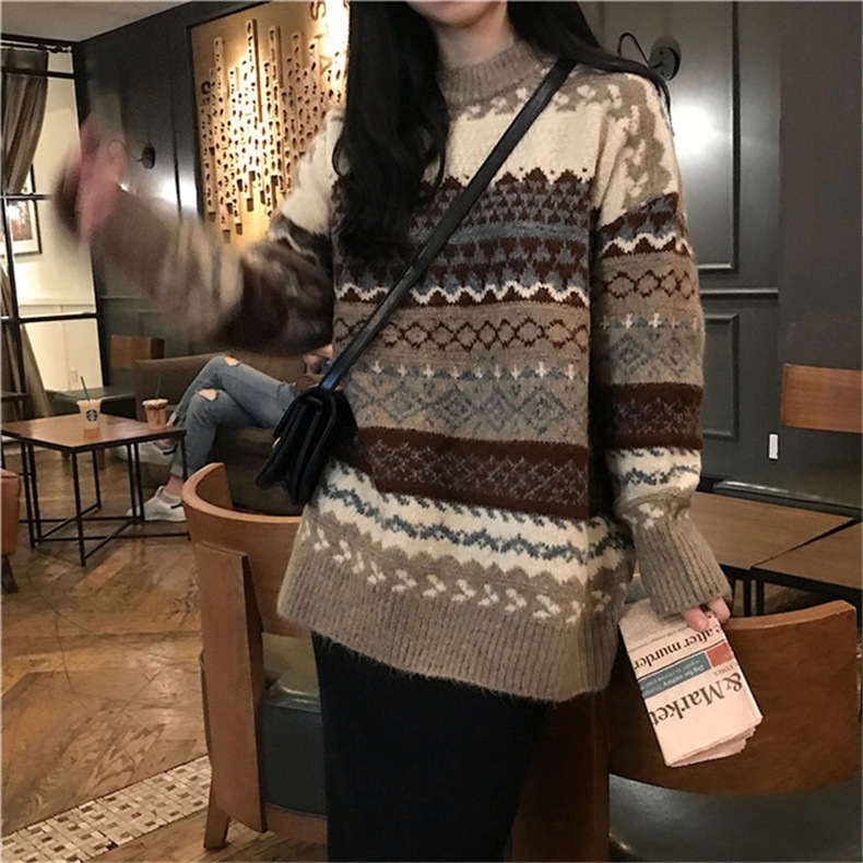 2023秋季新款复古休闲百搭慵懒风套头圆领针织毛衣女撞色针织上衣详情4