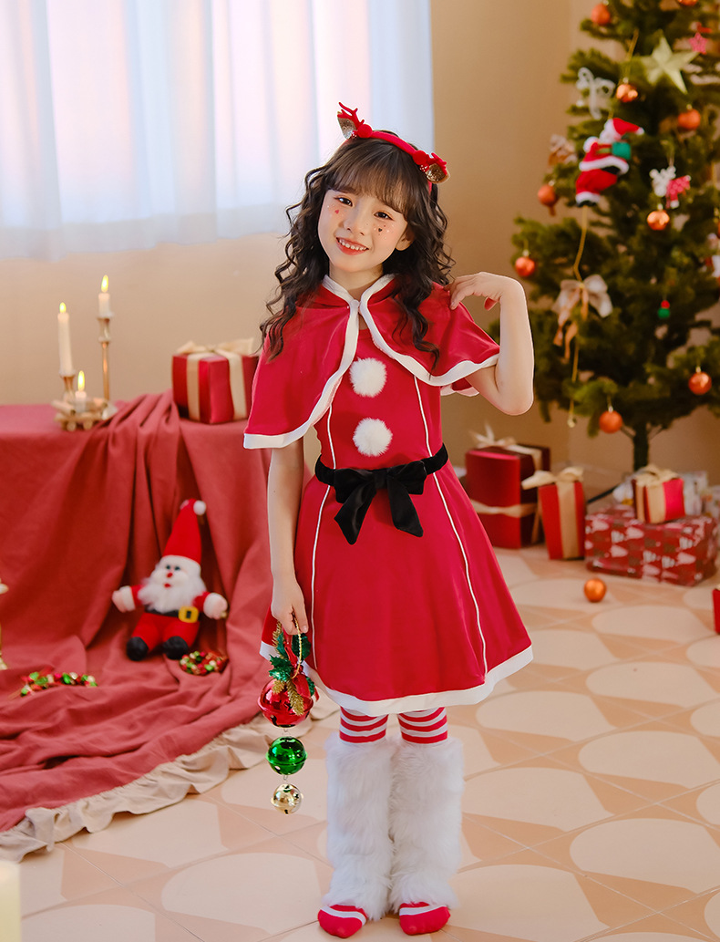 圣诞节儿童服装女童披肩斗篷连衣裙红色裙子派对装扮服饰圣诞老人详情11