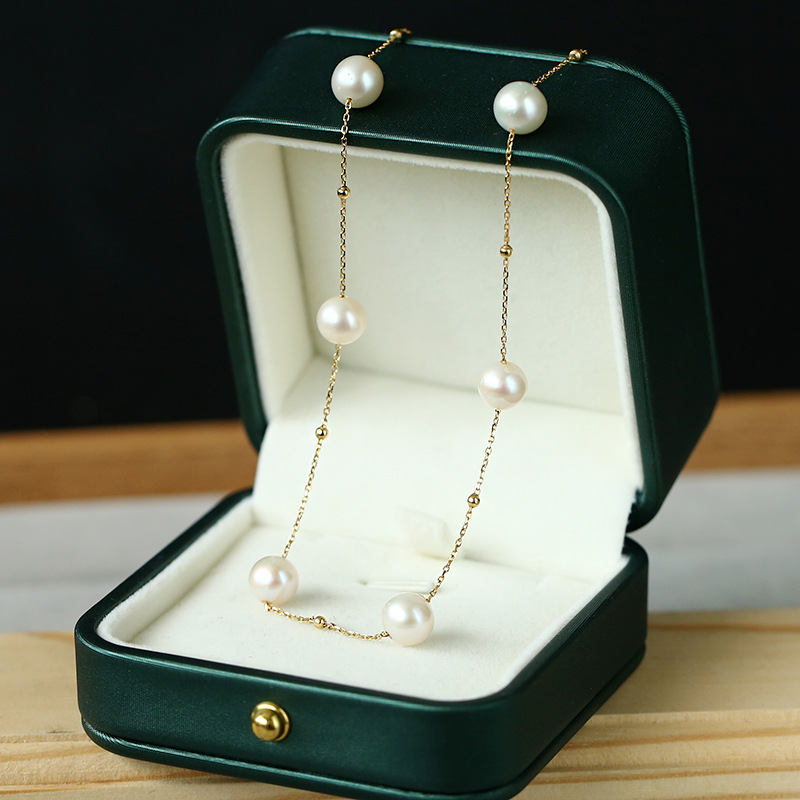 7.5mm strong light starry Sky freshwater pearl necklace, a fringed 18K gold pearl necklace and collarbone chain that women often wear pic 9