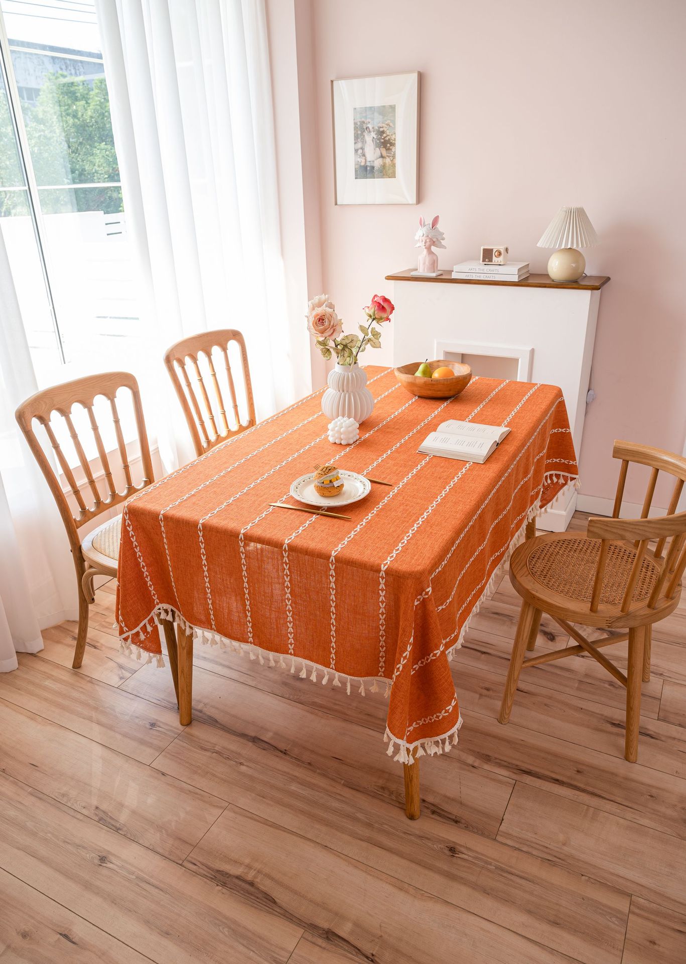 Cross-border three-dimensional embroidered striped tablecloth, popular black solid color, white cotton and linen tablecloth cover, fabric outdoor party pic 37