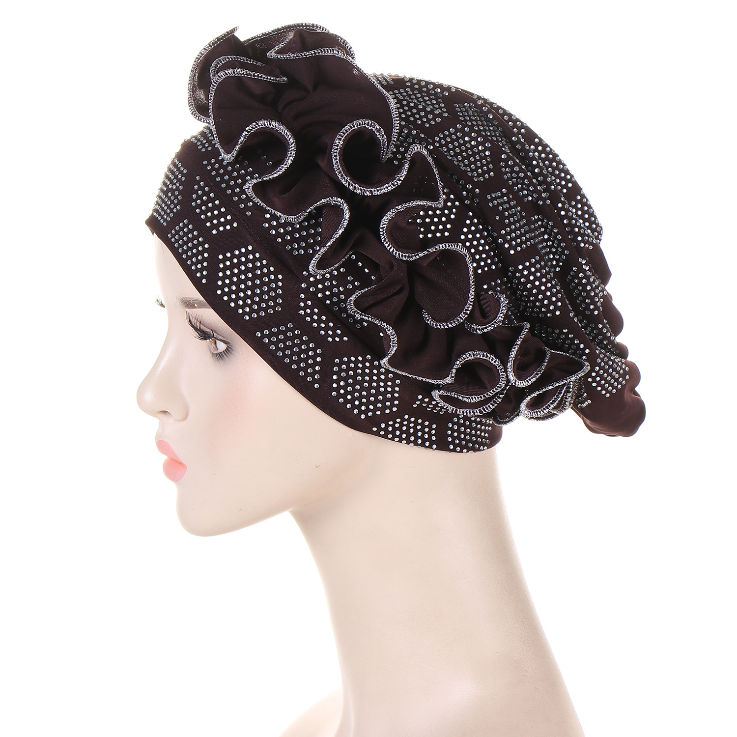 欧美 跨境新款纯色烫钻花边盘额头满帽钻头巾帽现货详情3