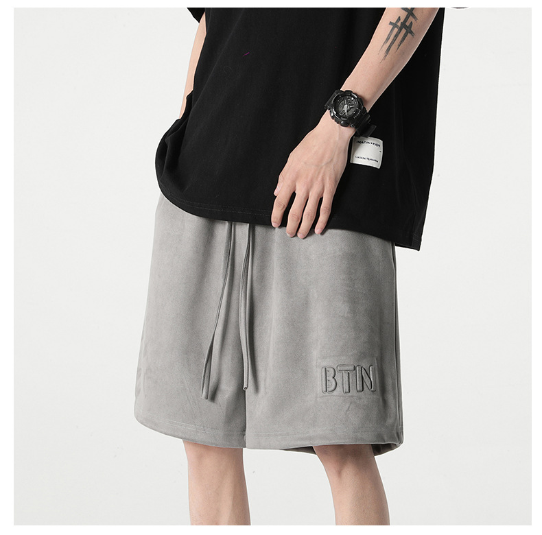 休闲短裤男生夏季新款麂皮绒宽松弹力五分裤美式钢印直筒运动裤子 pic 21