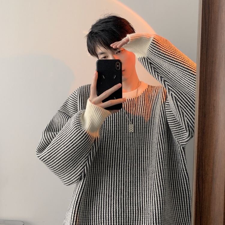 圆领条纹毛衣男款秋冬新款时尚套头针织衫日系复古宽松百搭上衣服详情18