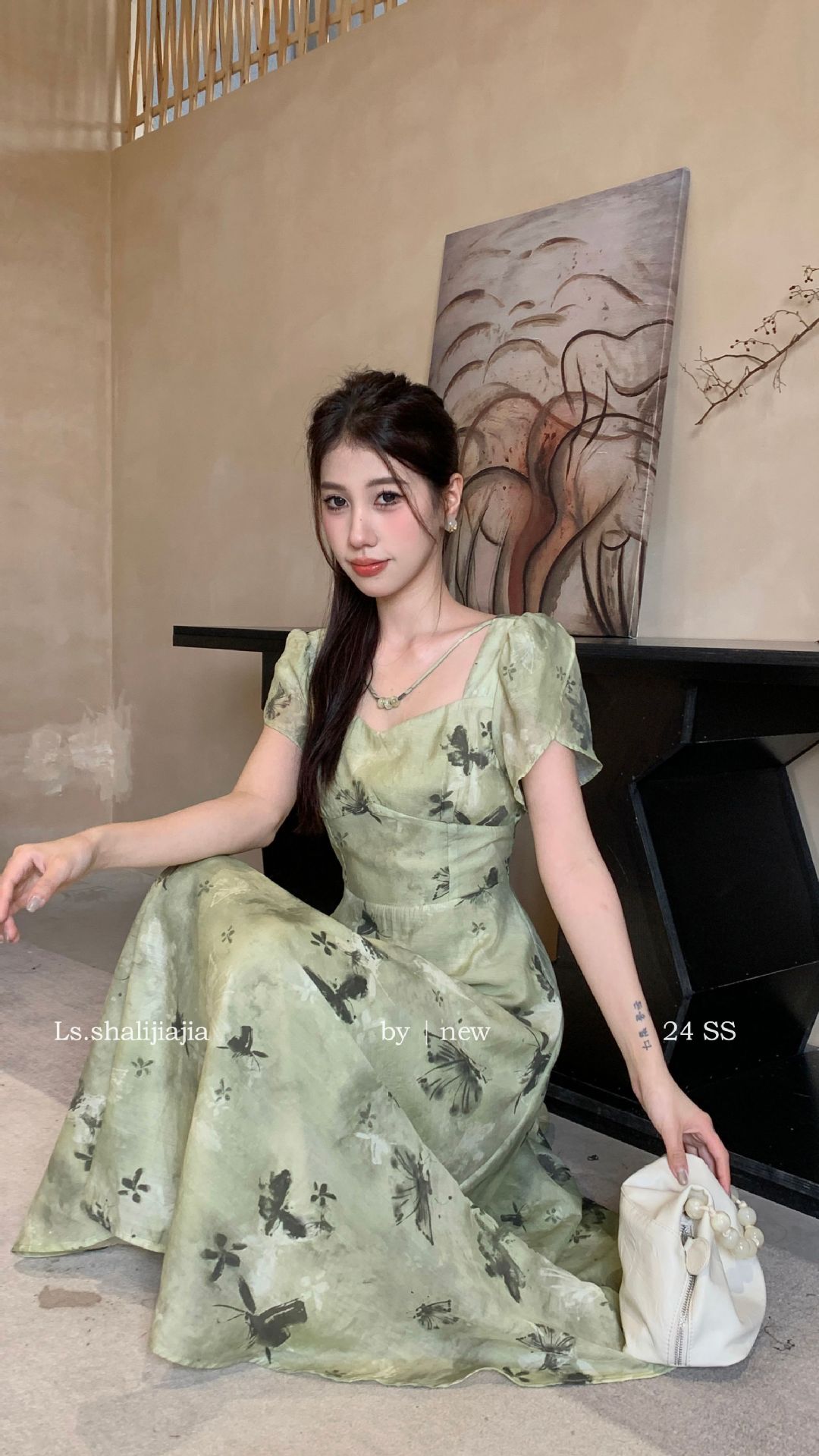 LS广州十三行春夏2024新品女装碎花度假优雅修身方领连衣裙51250#详情17