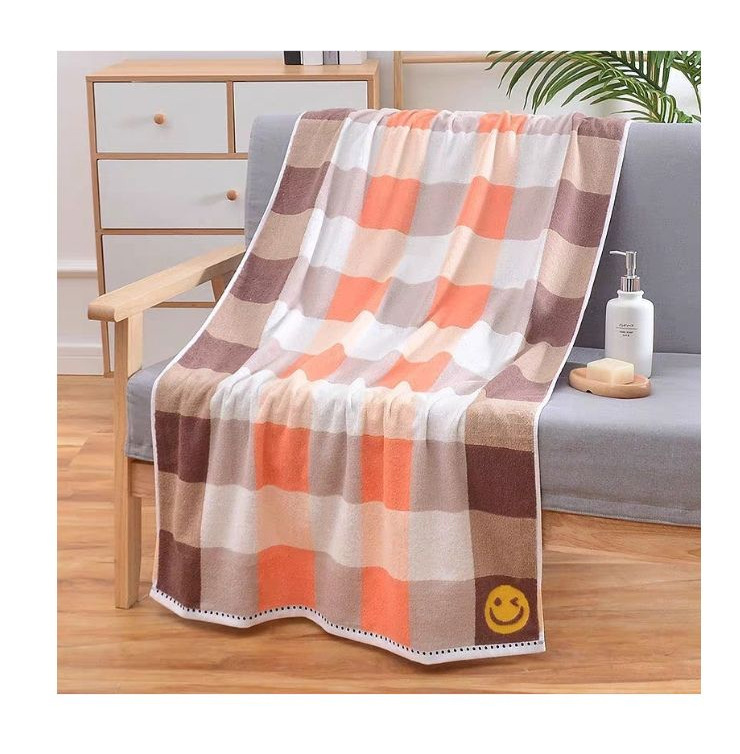 Tinglong toalla de baño de algodón al por mayor smiley face tartan toalla de baño para el hogar aumentar y engrosar suave 100% algodón para adultos niños pic 10