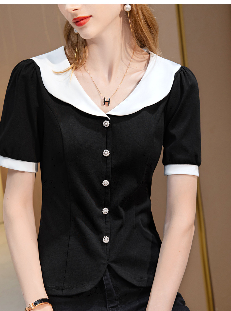 短袖t恤女2022新款女装时尚撞色v领棉体恤减龄娃娃领收腰扣子上衣详情15