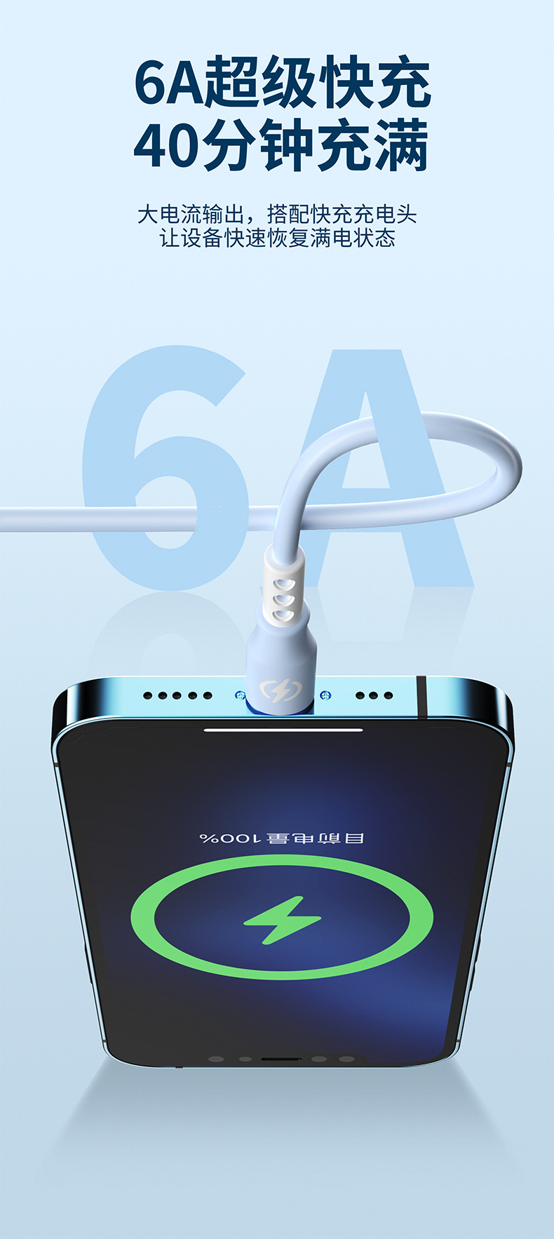 新款跨境6A超级快充一拖三数据线 1.2米液态三合一快充充电线现货详情8