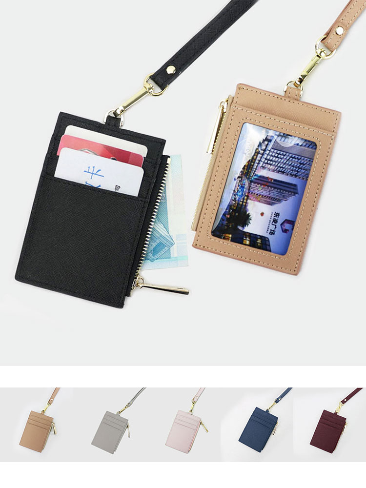 Genuine cowhide brand ID card holder, portable work name tag, employee name tag, cross-patterned neck-hanging, zipper card case, coin purse pic 37