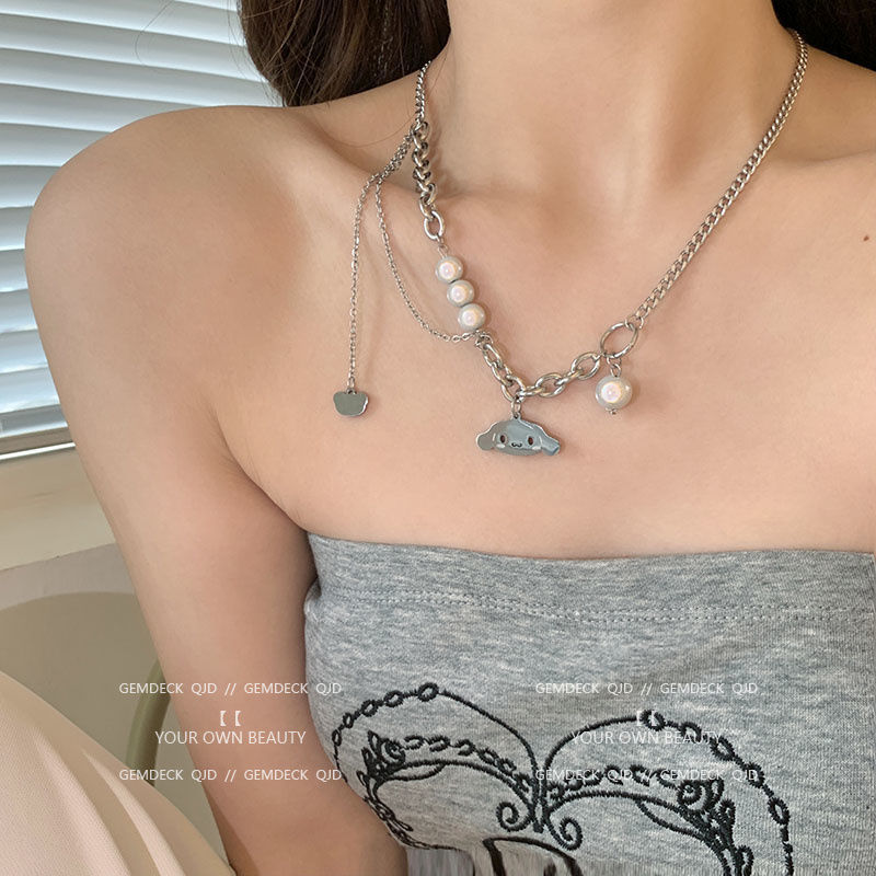 合金玉桂狗项链女ins极简嘻哈冷淡风反光珍珠锁骨链配饰品详情3