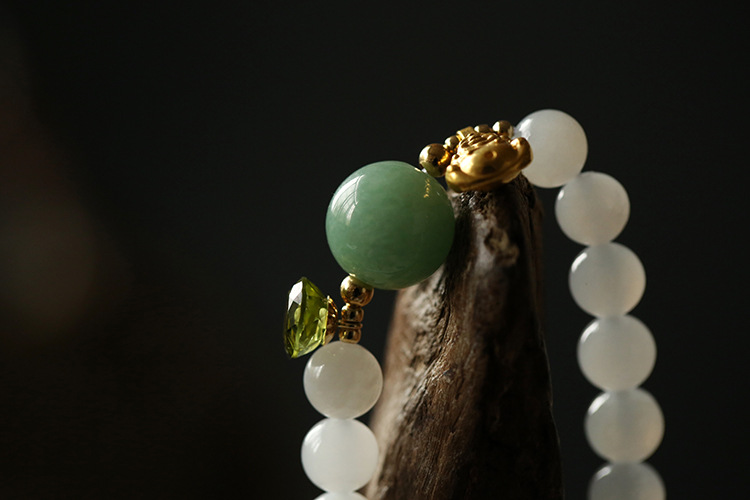 999 pure gold Maitreya Buddha natural 7mm Hetian jade round bead cut peridot bracelet 18K gold tail pendant pic 7