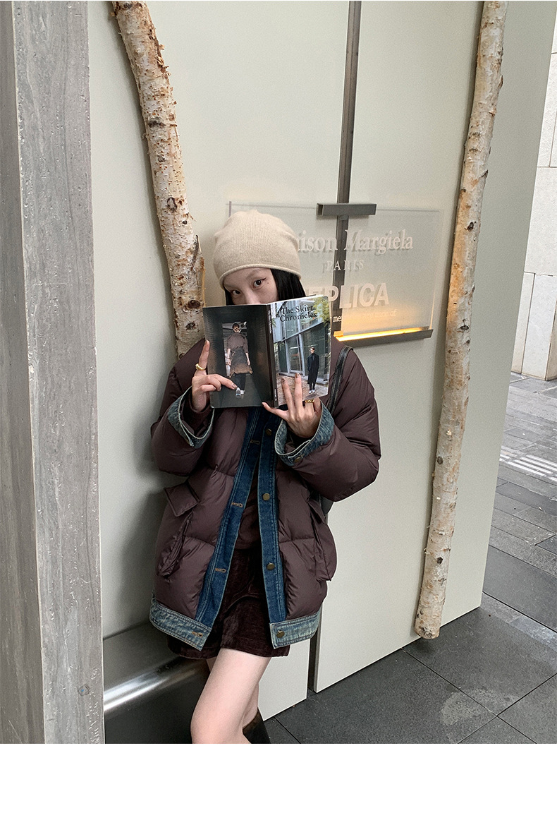 Qumeng DT CLASSIC Retro patchwork fake two-piece denim down jacket for women, 90 white duck down winter coat for women pic 24