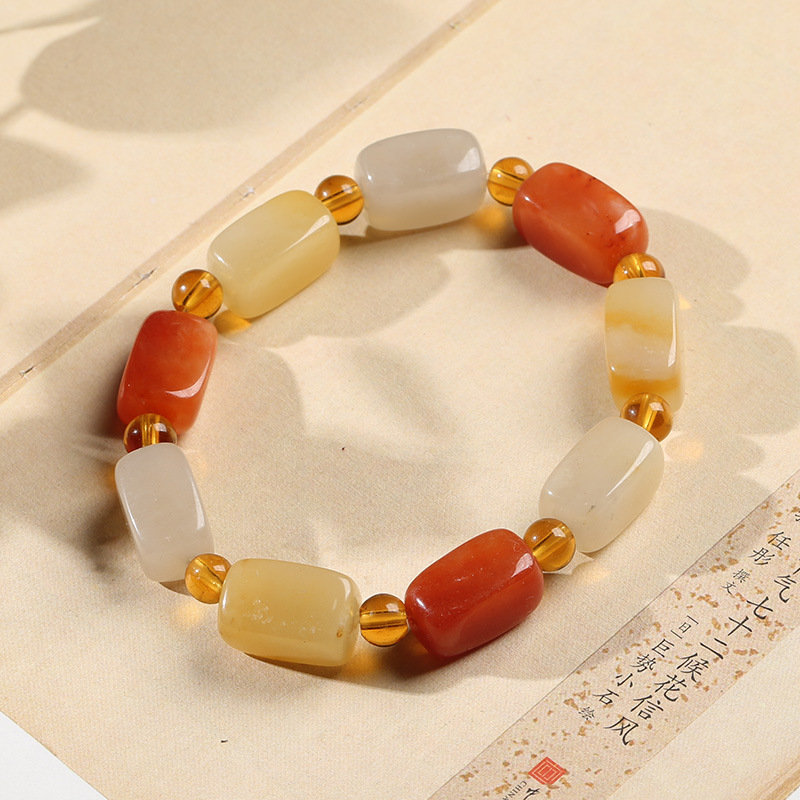 Natural Xinjiang golden silk jade square long bone bead bracelet, handcrafted jade Yadan Gobi colorful jade bracelet, ethnic style pic 7