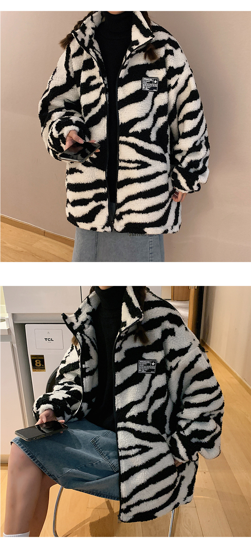 Thick cotton-padded jacket for couples 2021 winter, striped lambskin stand-up collar coat, warm cotton-padded jacket pic 12