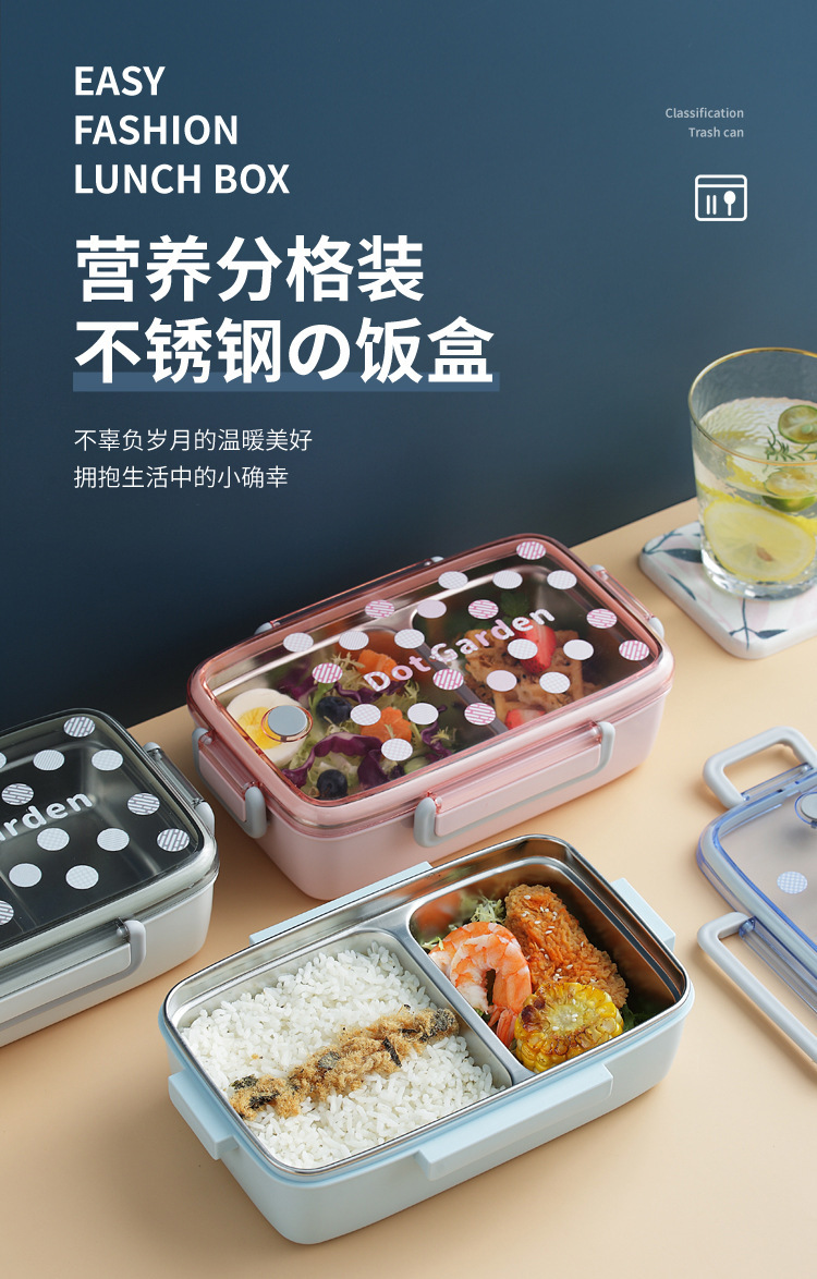 304不锈钢日式糖果色波点便当盒 零食水果盒学生午餐可微波便当盒详情2