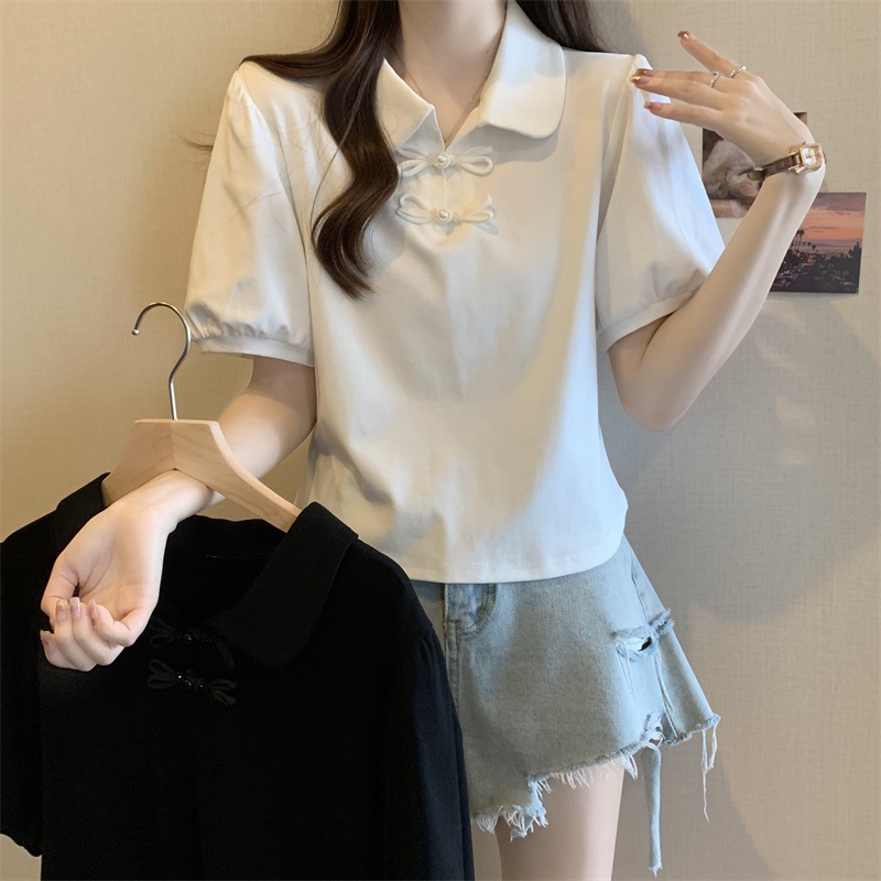 正肩Polo领短袖T恤女夏季大码胖mm显瘦新中式国风上衣泡泡袖小衫详情1