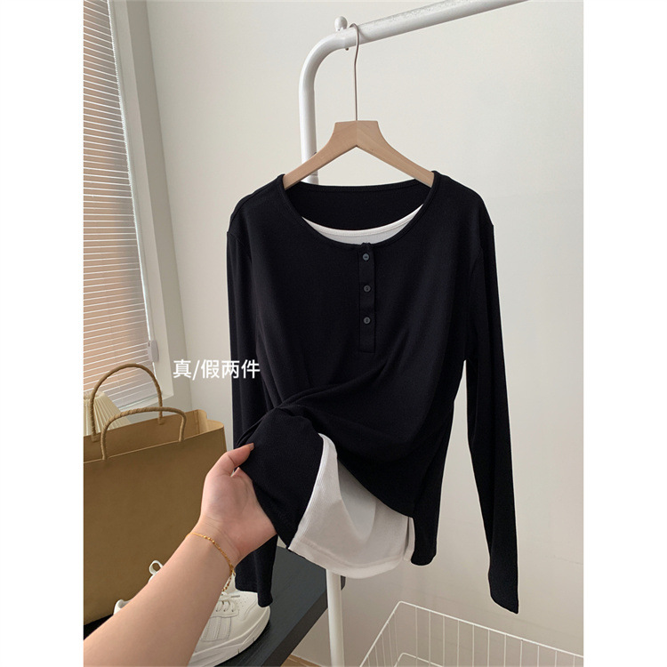 直播热卖原厂小排扣纯色显瘦长袖圆领黑白假两件T恤女秋冬打底衫详情8