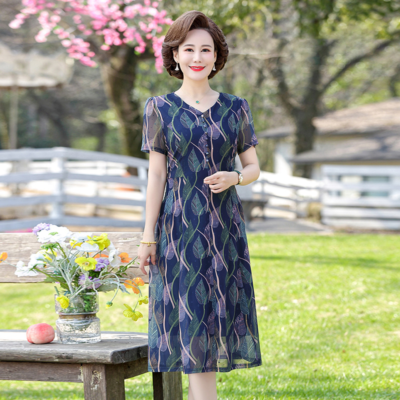 年轻妈妈时尚雪纺连衣裙加大码女中长款短袖夏季新款遮肚过膝长裙详情1