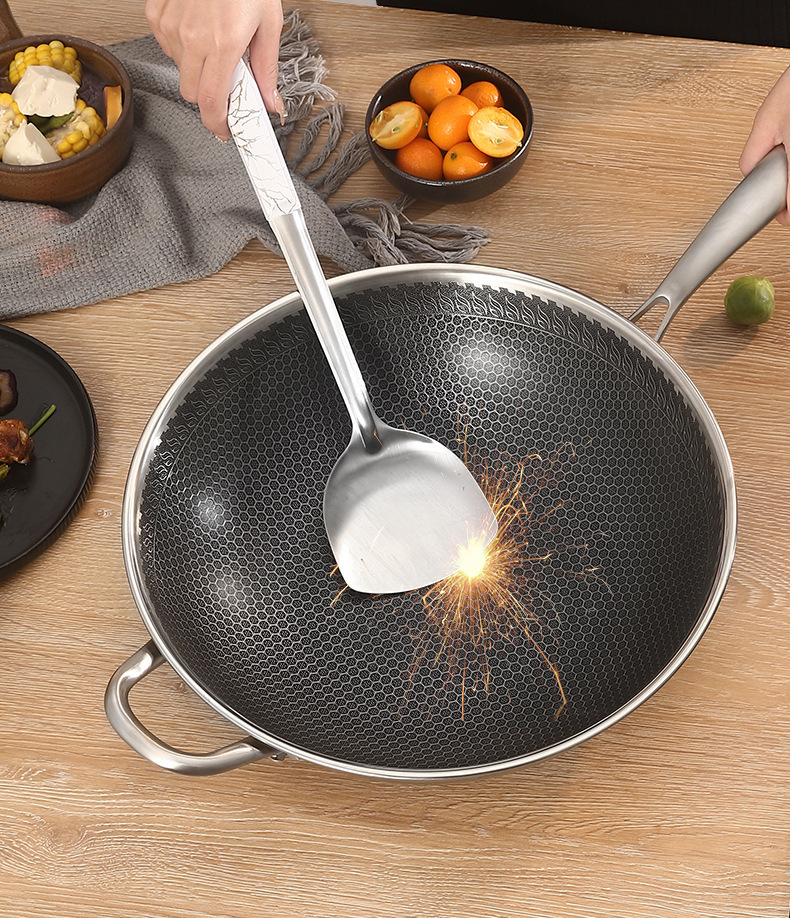 Three-layer steel, two-sided screen, steel handle, household flat-bottomed non-stick wok, stainless steel honeycomb wok, stainless steel wok, wok, ladle, frying pan, single-handle wok, kitchenware, kitchen utensils, one-piece consignment pic 11