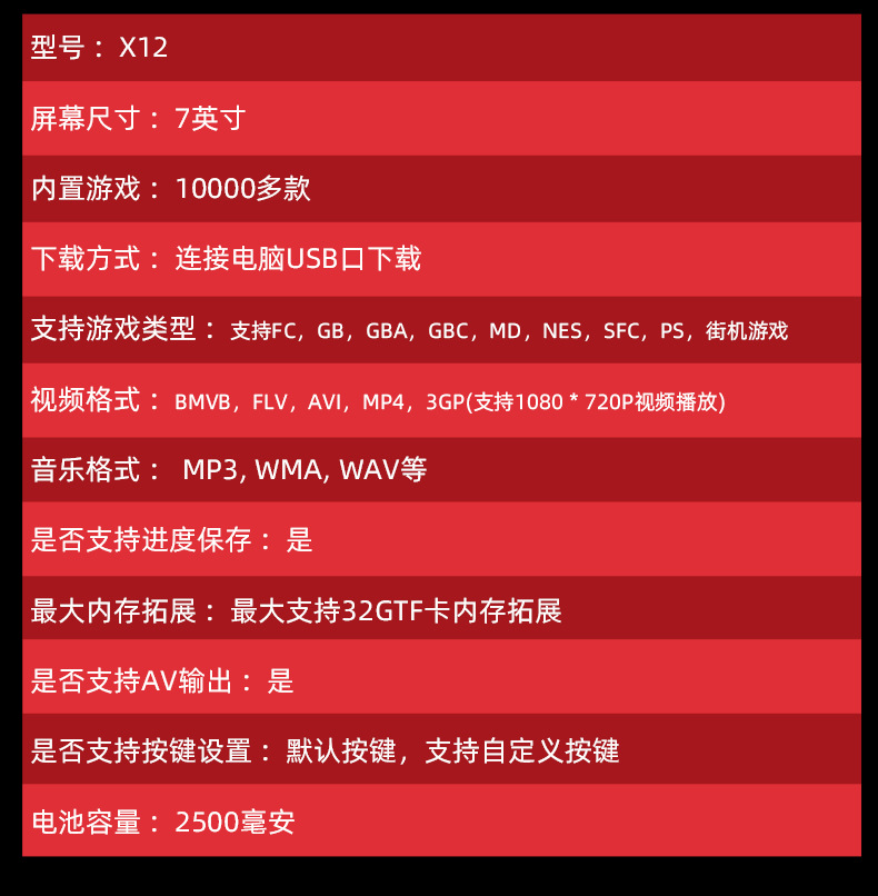 工厂直销 高品质 X12Plus双摇杆游戏机 7寸高清大屏PSP掌上游戏机 16G怀旧街机掌机详情13