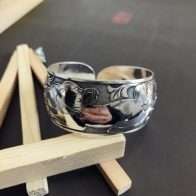 Retro ethnic style silver bracelet, European and American carved wide opening bracelet, fashionable and individual Miao silver aged ancient-style jewelry pic 26