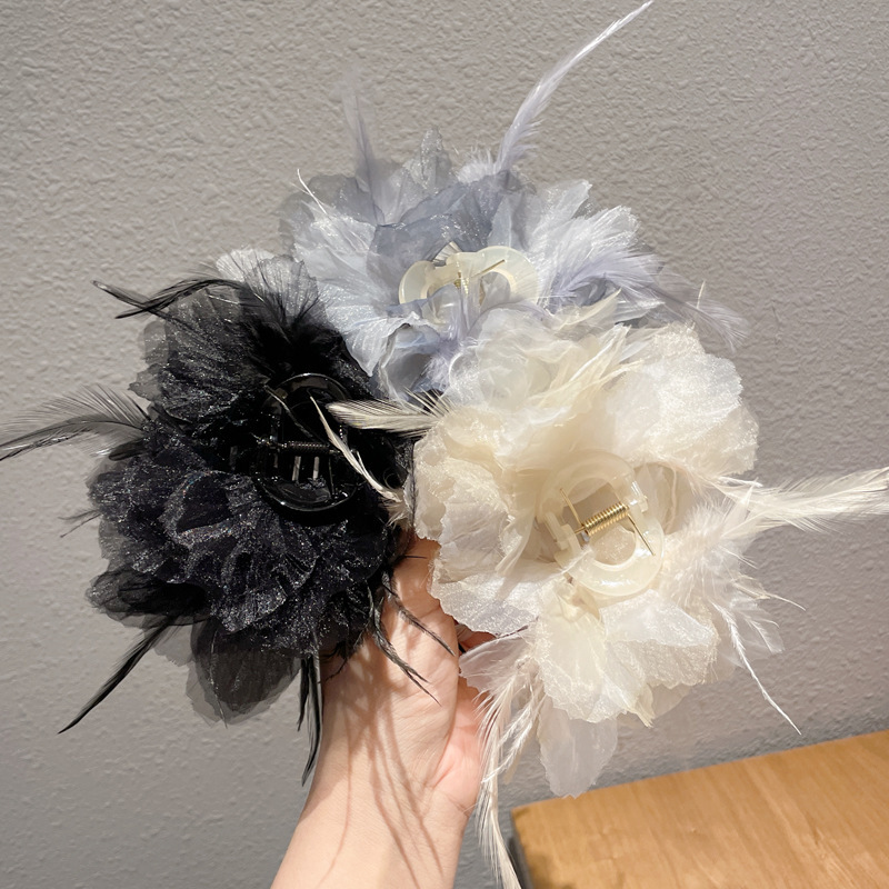 国潮系列网纱羽毛蝴蝶结抓夹公主头发夹女后脑勺大号鲨鱼夹超仙发饰高级感详情2