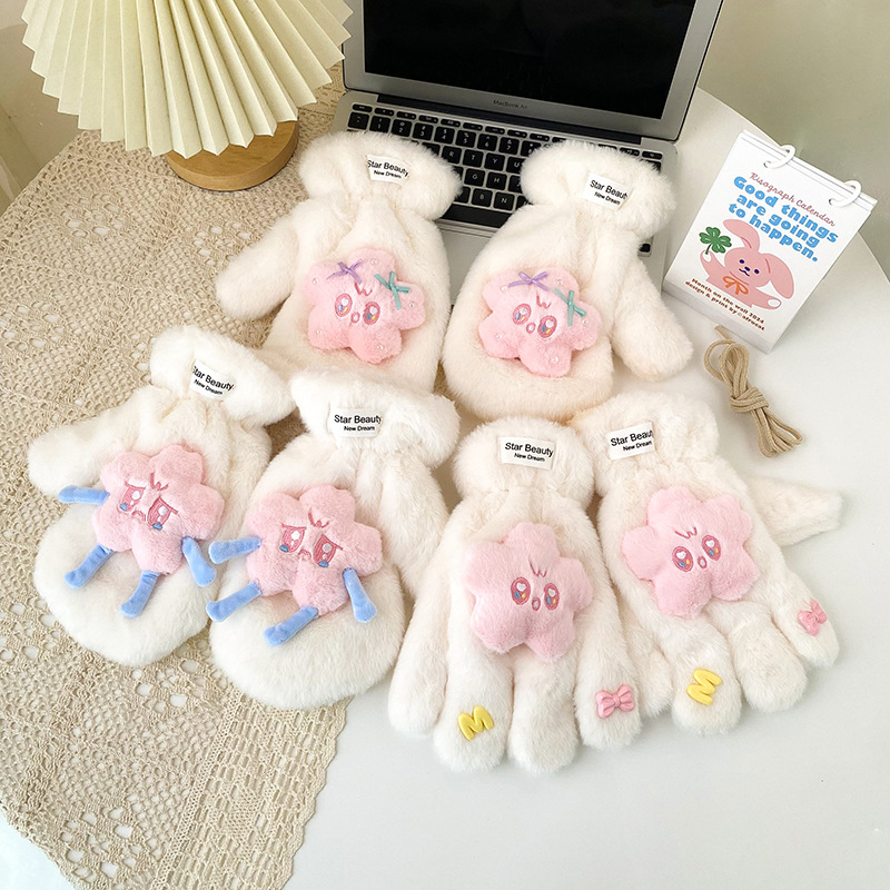 可爱卡通星星手套少女心加厚毛茸茸冬季加绒保暖连指骑车开车围巾详情4