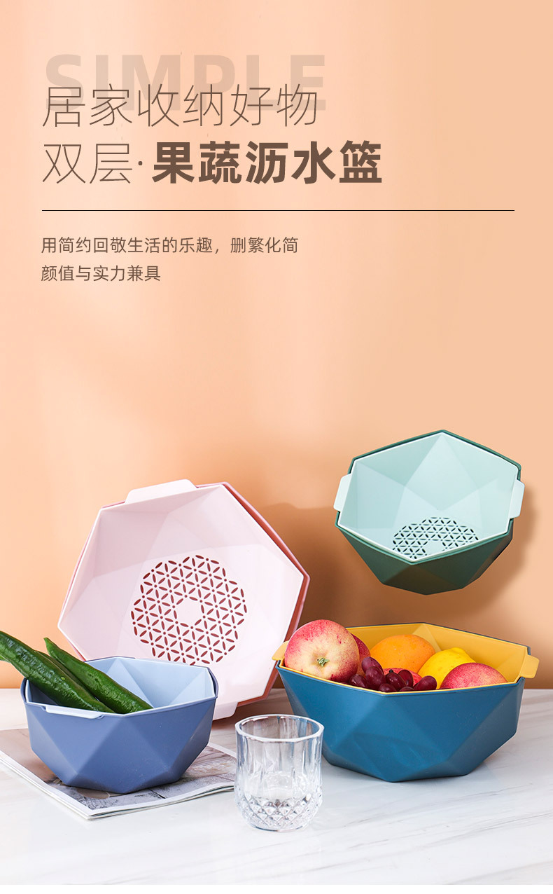 沥水篮家用滤水洗菜篮塑料多功能水果篮子厨房收纳批发双层洗菜盆详情1