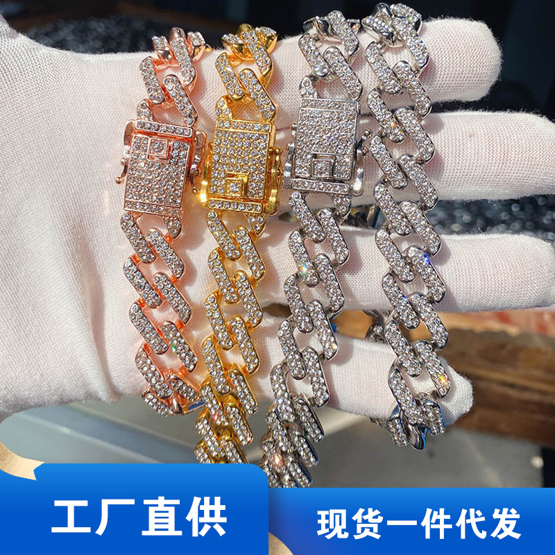 欧美合金线条古巴链镶钻手链13毫米满钻男女士嘻哈风镀金项链详情2