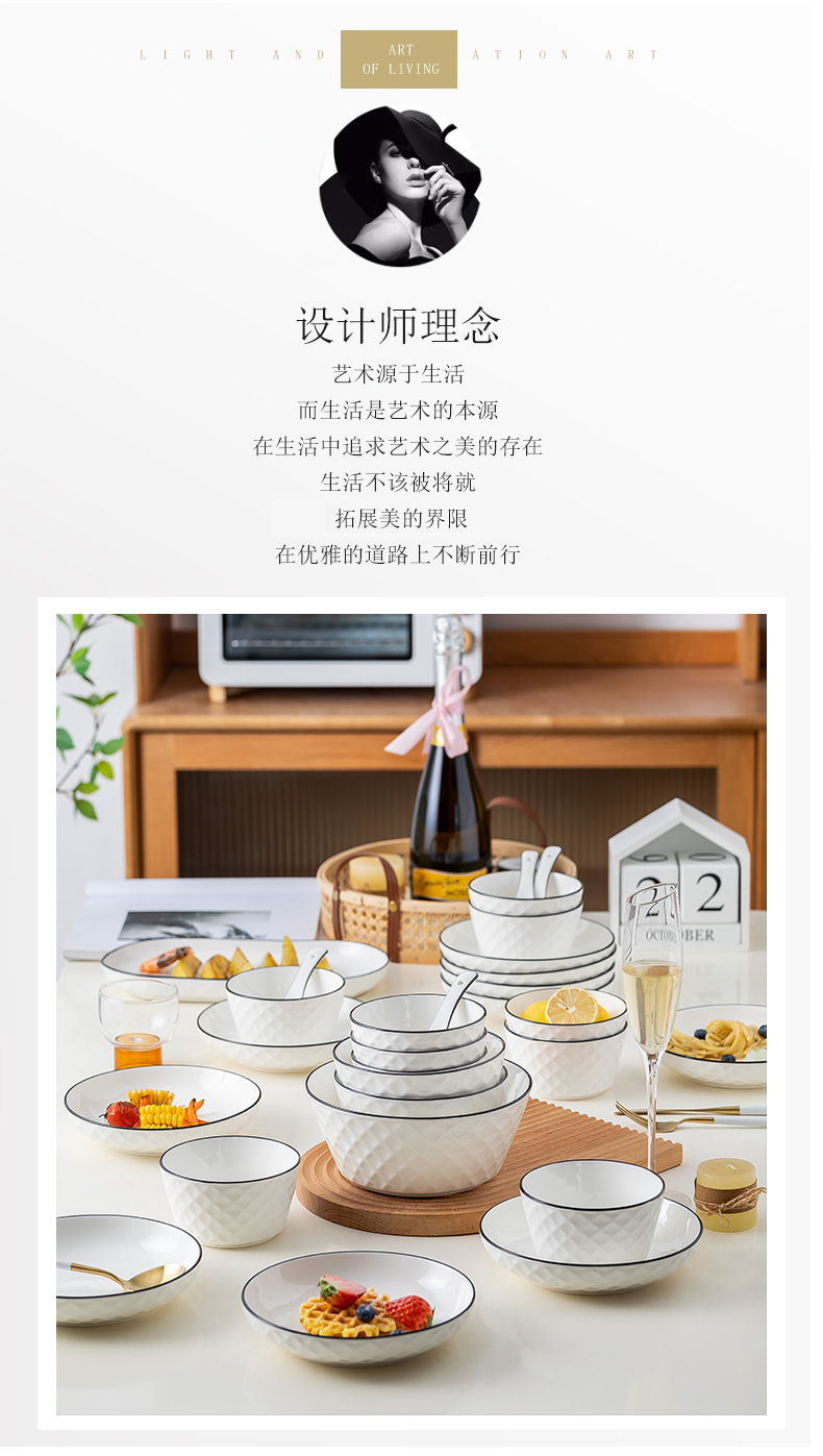 Wholesale of bowls and plates, creative ceramic rice bowls, household large soup bowls, noodle bowls and plates, set of tableware, gift, diamond pattern pic 2