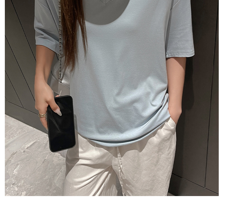 夏季韩系大版落肩袖V领短袖t恤女式基础款外穿高级感慵懒风上衣潮详情26