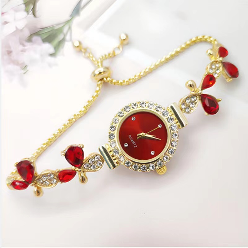 2024新款花型树叶镶钻女士手表气质时尚女款学生抽拉式手链表现货详情12