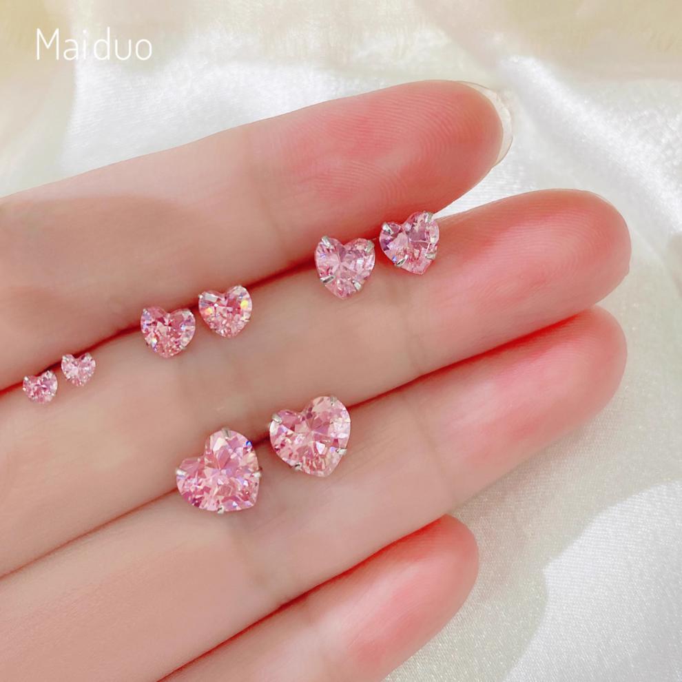 S999纯银锆石耳环粉色爱心耳钉简约小巧气质闪钻蜗钉骨钉百搭饰品详情3