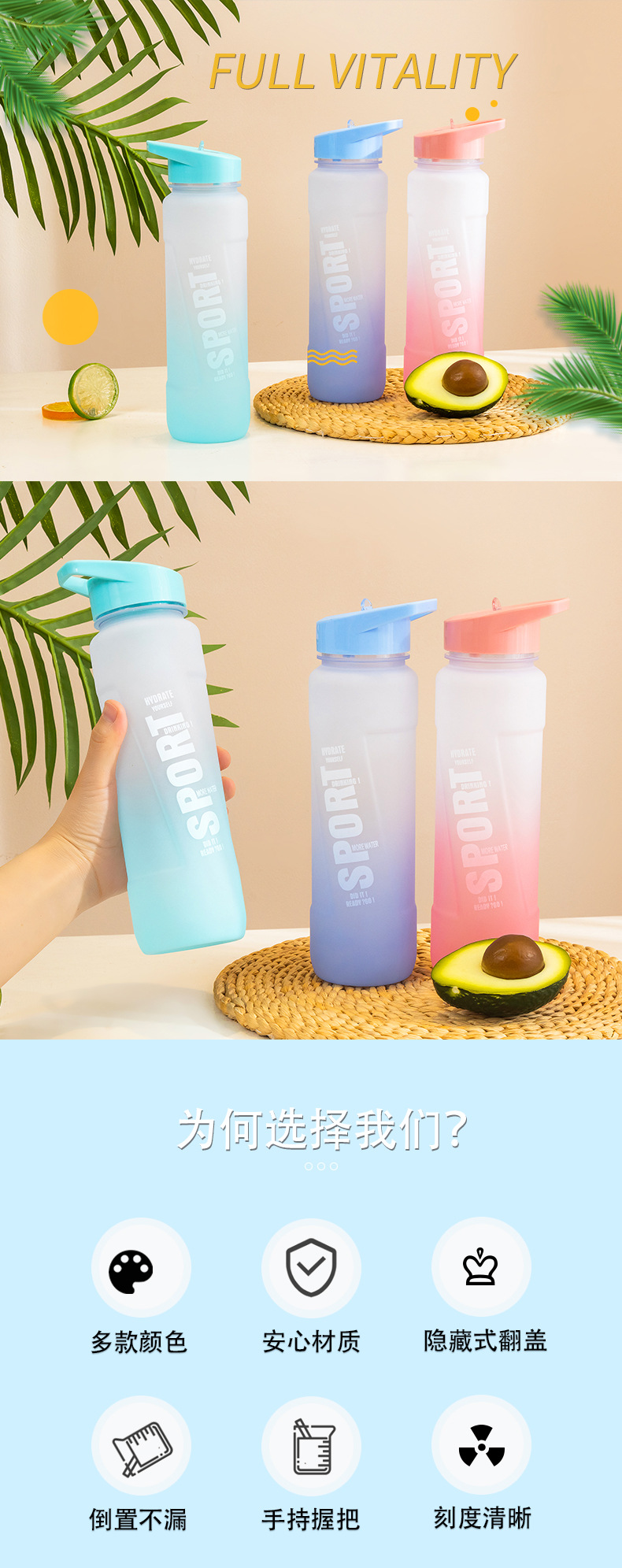 塑料杯运动水杯大容量水壶磨砂翻盖便携食品级渐变太空杯健身水壶详情1