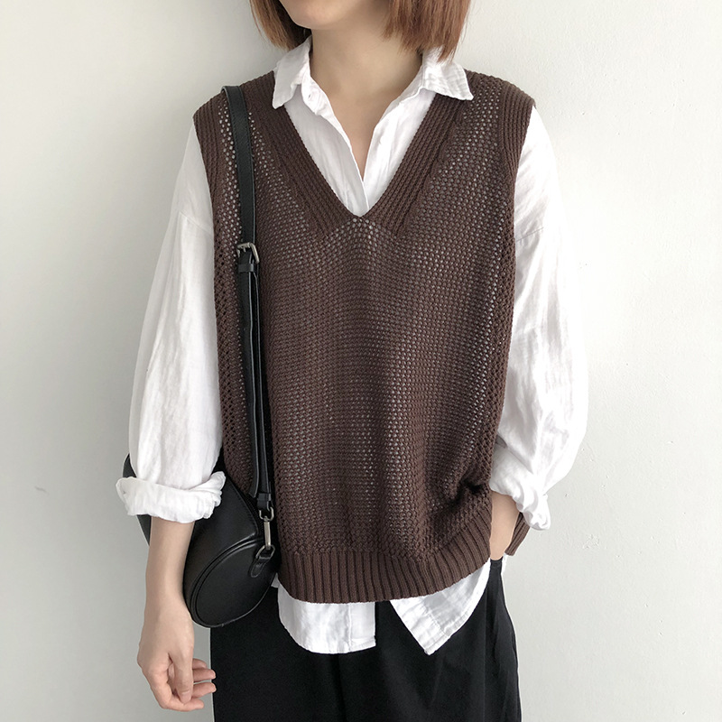 大码春秋新款文艺针织纯色缕空V领棉线无袖宽松女士叠穿马甲背心详情3