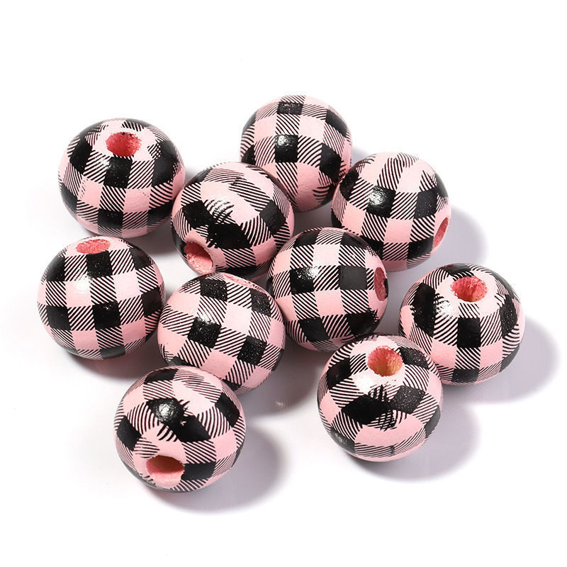 千鸟格木珠DIY挂饰装饰串珠彩色格子木珠配件条纹印花带孔木珠详情16