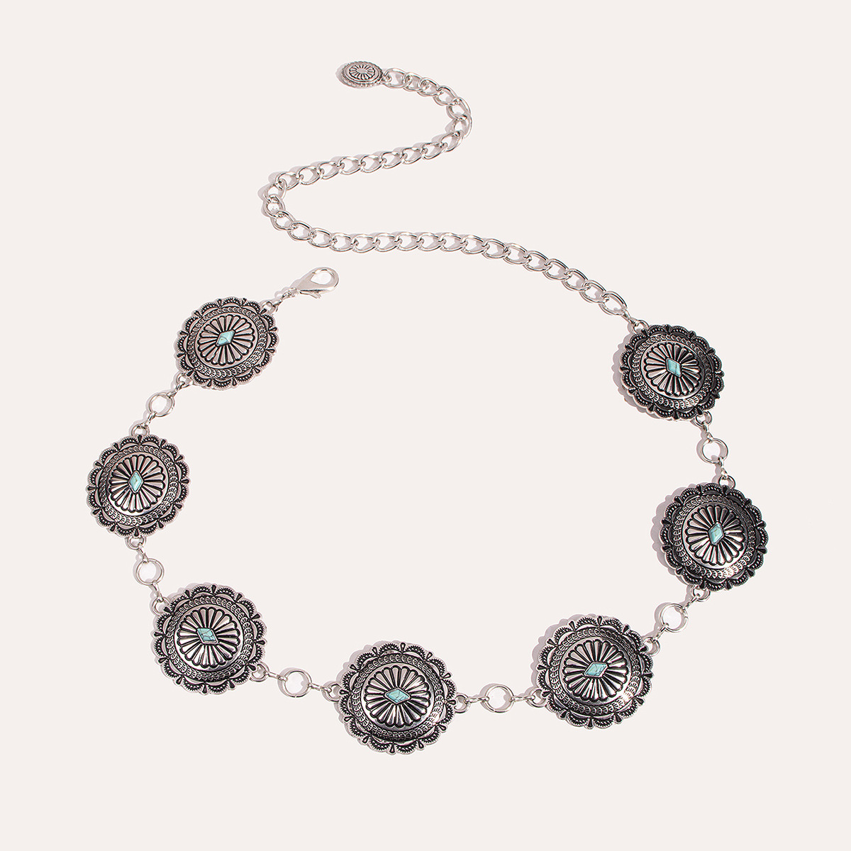 大圆古银绿松石配件腰链4方图