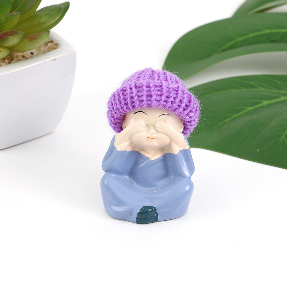 四不小和尚树脂工艺品萌趣可爱毛线帽戴帽和尚汽车摆件盆栽装饰品详情7