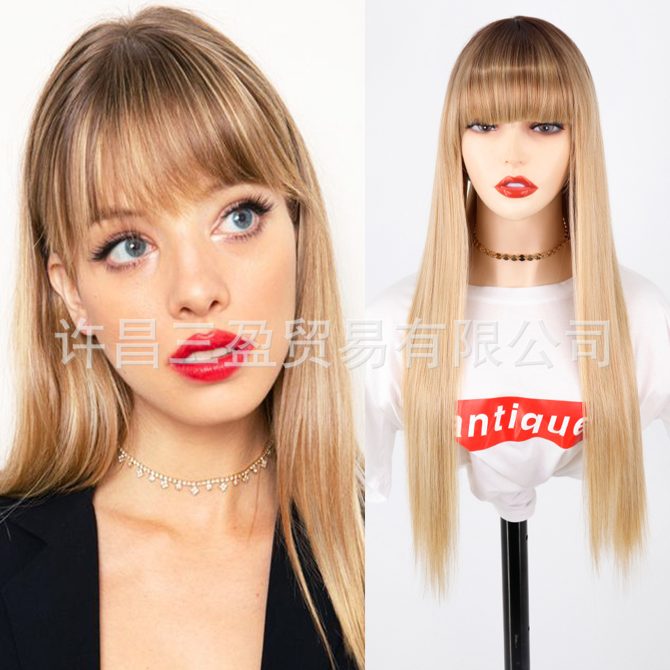 Wholesale of European and American cross-border wigs with straight bangs and long, straight hair made of high-temperature synthetic fiber pic 17