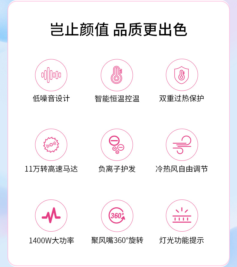 高速吹风机家用大风力负离子护发静音速干发廊t型无叶高速吹风筒详情7