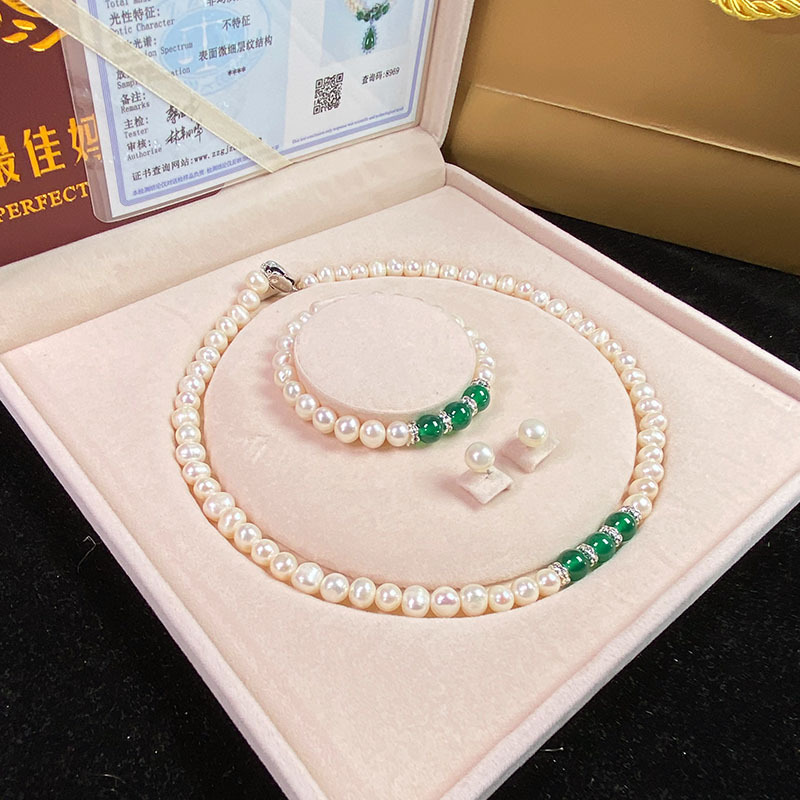 天然淡水珍珠项链绿玉髓吊坠白珍珠手链套装送妈妈婆婆母亲节批发详情33