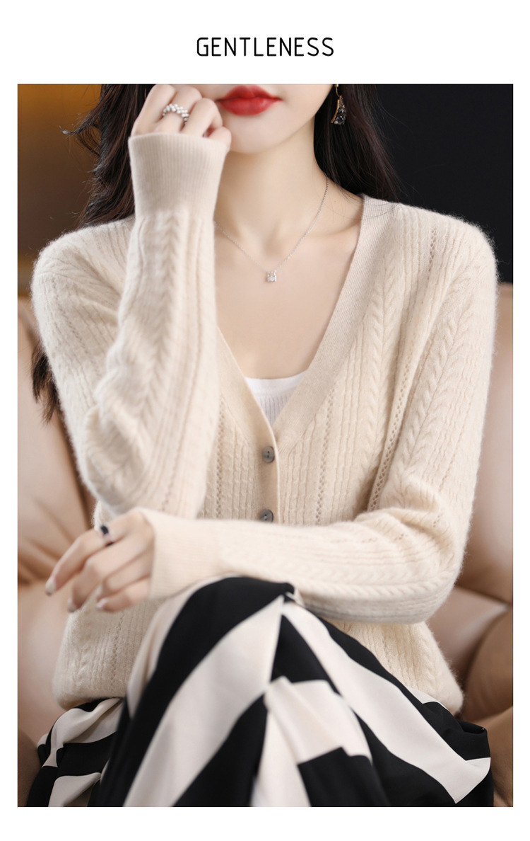 绒狼2023秋冬新款女士V领羊毛针织麻花开衫宽松长袖短款外套女详情8