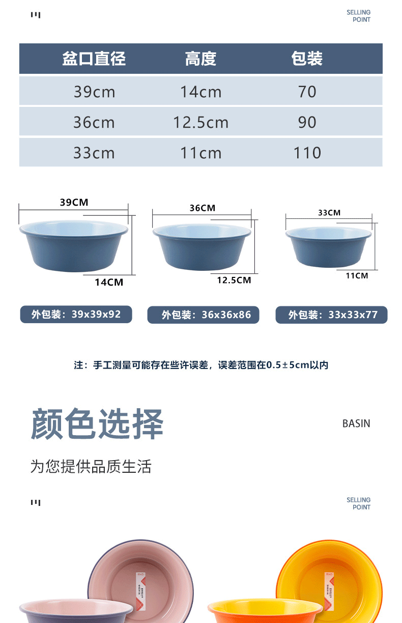 简约双色塑料洗脸洗衣洗脚盆学生宿舍家用加厚加大糖果色详情8