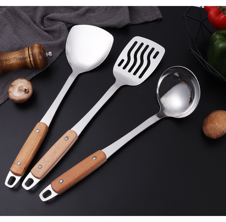 Thickened non-magnetic stainless steel spatula and strainer set, kitchen wooden handle large strainer, stir-frying spatula, cooking soup spoon wholesale pic 15