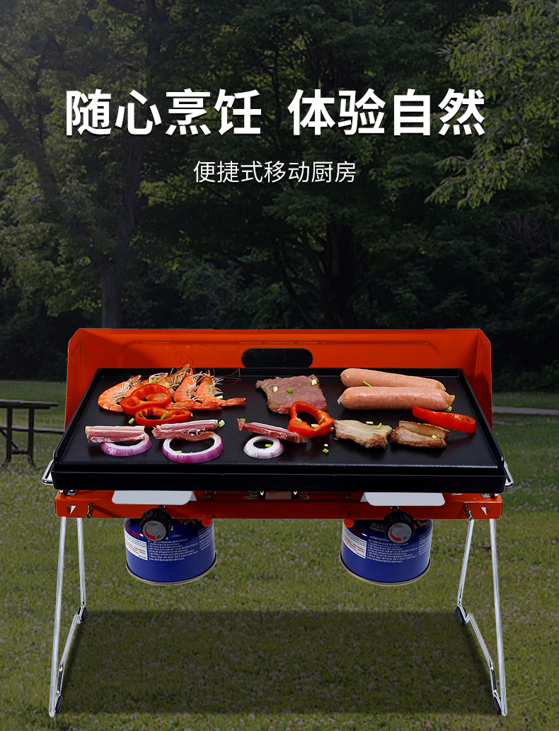 Camping outdoor double-head stove, windproof portable folding butane barbecue hot pot, dual-purpose cassette stove pic 2