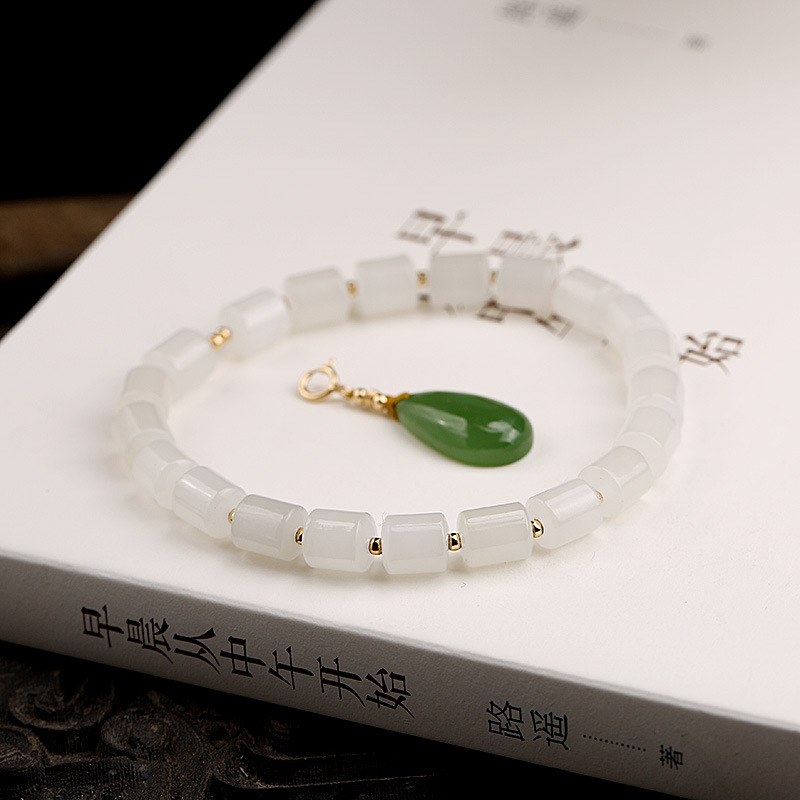 DIY pure gold 18K handcrafted series, natural and versatile old material Hetian jade bucket bead bracelet, small drops of jade water pic 10