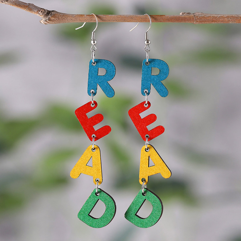 The popular cross-border color letter READ earrings from Europe and America are double-sided wooden earrings for students and teachers during the back-to-school and graduation seasons pic 4