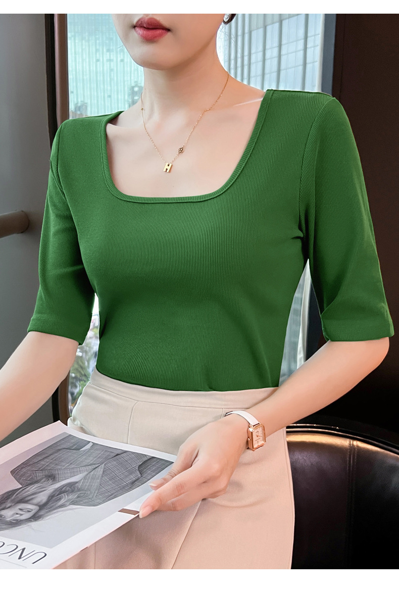 This 2023 autumn new slimming and elegant base layer T-shirt is versatile for daily use, fitted, simple and stylish, with a square neck and mid-sleeved shirt for women pic 16