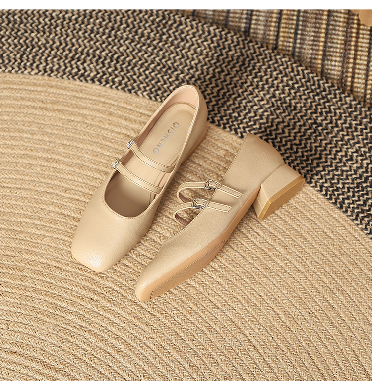 The new 2024 Spring/autumn collection of Mary Jane shoes, featuring a stylish square-toed one-shoulder style, is made of genuine leather with a shallow opening, thick mid-heel, and is a wedding shoe pic 47